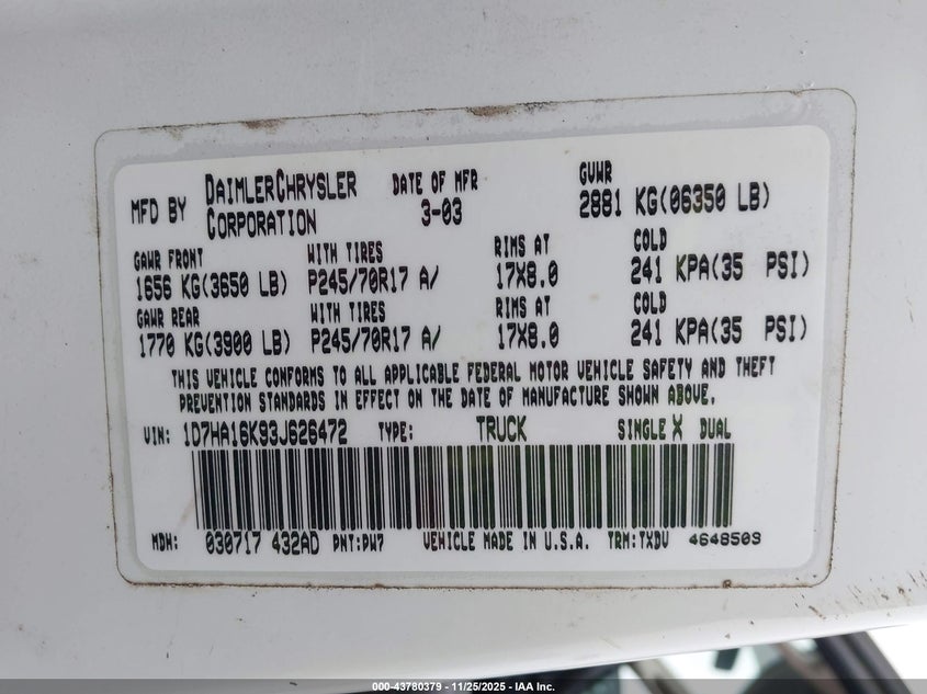 2003 Dodge Ram 1500 St VIN: 1D7HA16K93J626472 Lot: 43780379