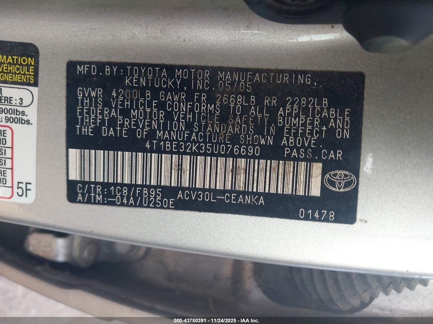 2005 Toyota Camry Le VIN: 4T1BE32K35U076690 Lot: 43780391