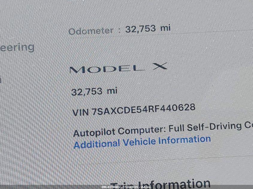 2024 Tesla Model X Long Range VIN: 7SAXCDE54RF440628 Lot: 43780402