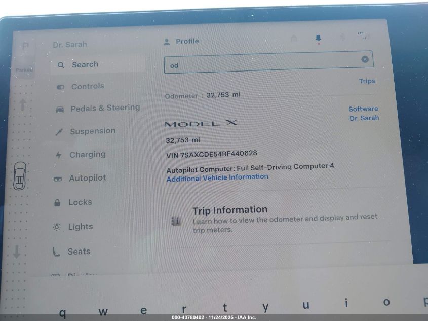 2024 Tesla Model X Long Range VIN: 7SAXCDE54RF440628 Lot: 43780402