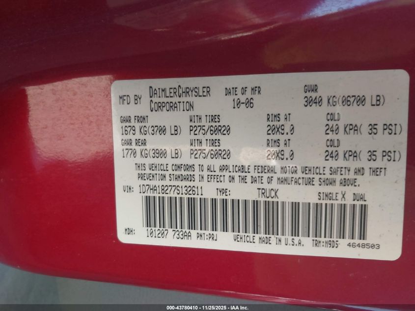2007 Dodge Ram 1500 Slt VIN: 1D7HA18277S132611 Lot: 43780410