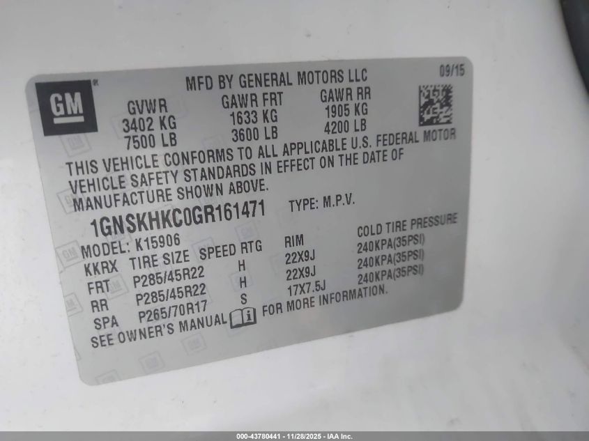 2016 Chevrolet Suburban Lt VIN: 1GNSKHKC0GR161471 Lot: 43780441