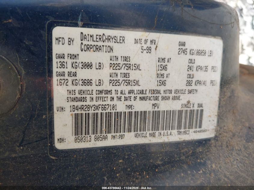 1999 Dodge Durango VIN: 1B4HR28Y3XF667101 Lot: 43780442