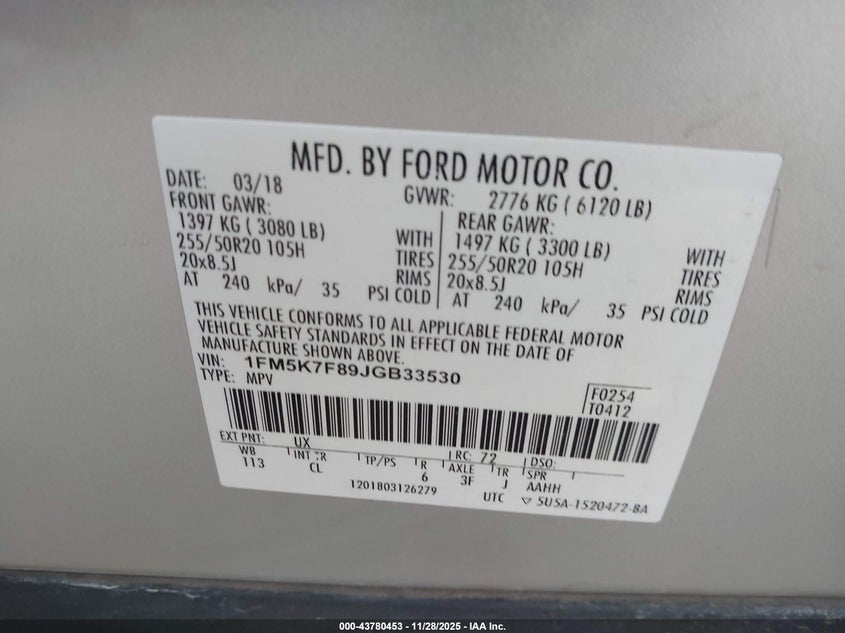 2018 Ford Explorer Limited VIN: 1FM5K7F89JGB33530 Lot: 43780453