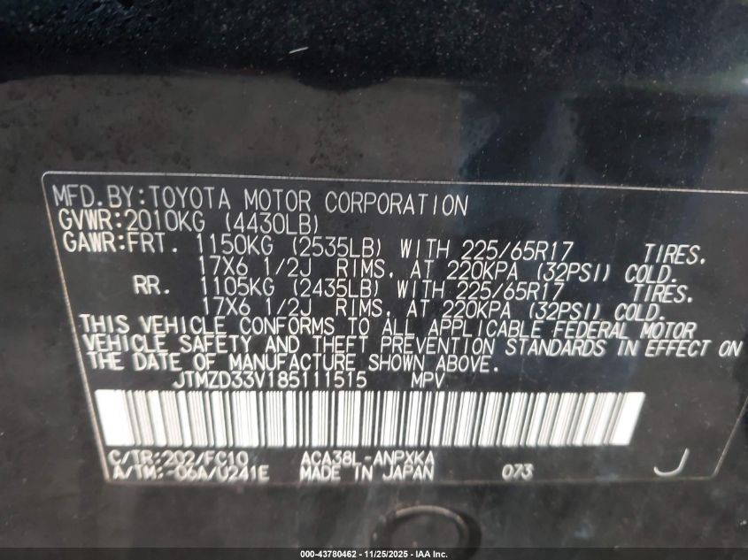 2008 Toyota Rav4 VIN: JTMZD33V185111515 Lot: 43780462