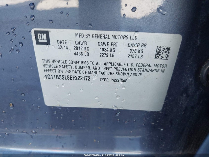 2014 Chevrolet Malibu VIN: 1G11B5S18EF222172 Lot: 43780468