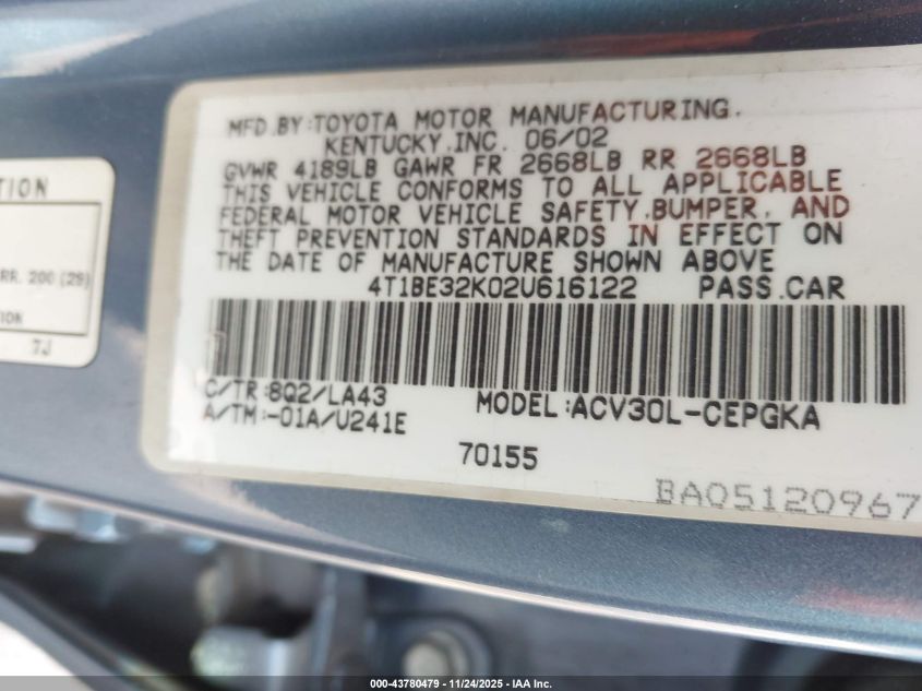 2002 Toyota Camry Xle VIN: 4T1BE32K02U616122 Lot: 43780479