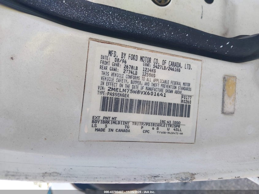 1997 Mercury Grand Marquis Gs VIN: 2MELM74W0VX627572 Lot: 43780487