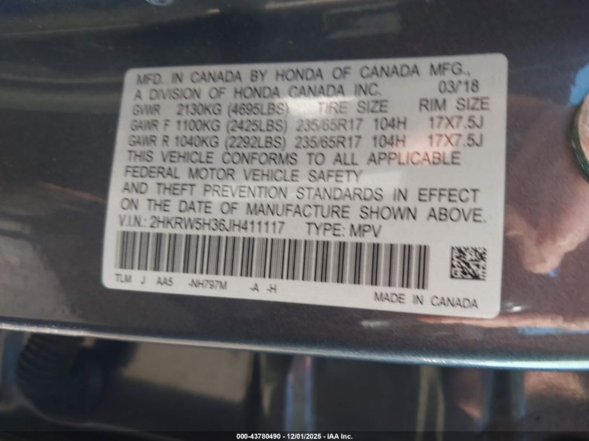 2018 Honda Cr-V Lx VIN: 2HKRW5H36JH411117 Lot: 43780490