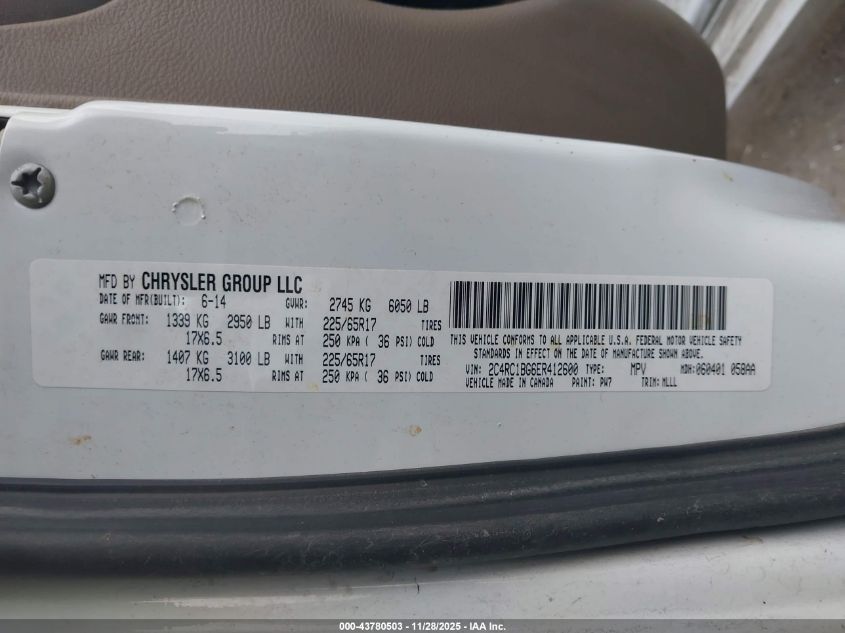 2014 Chrysler Town & Country Touring VIN: 2C4RC1BG6ER412600 Lot: 43780503