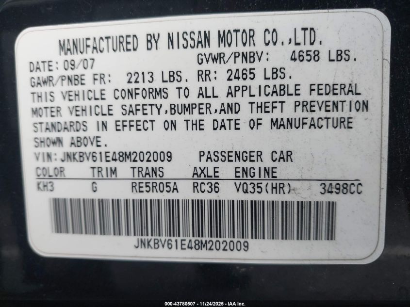 2008 Infiniti G35 Journey VIN: JNKBV61E48M202009 Lot: 43780507