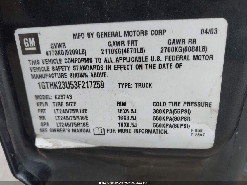 2003 GMC Sierra 2500Hd Slt VIN: 1GTHK23U53F217259 Lot: 43780512