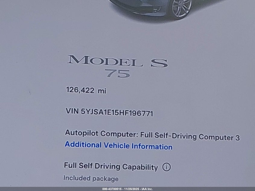 2017 Tesla Model S 60/75 VIN: 5YJSA1E15HF196771 Lot: 43780515