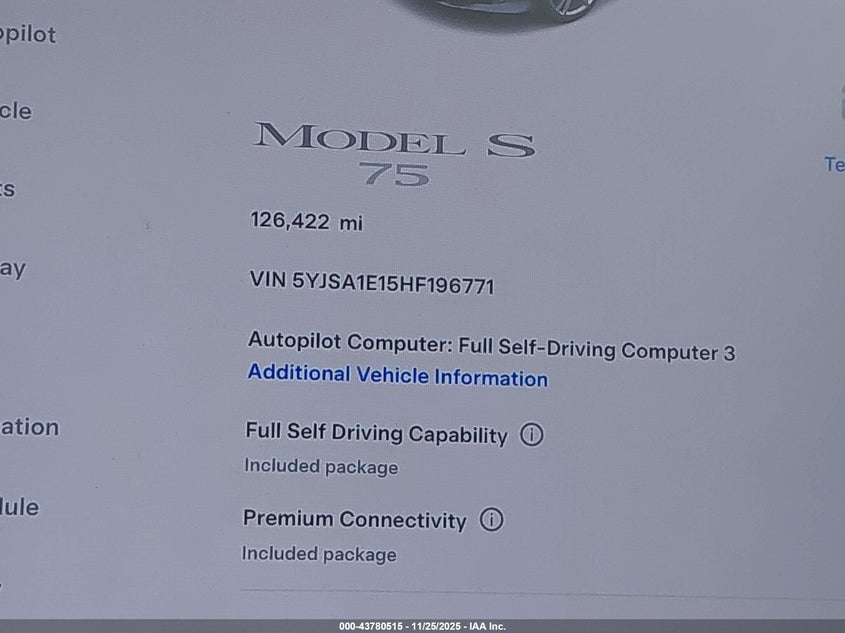2017 Tesla Model S 60/75 VIN: 5YJSA1E15HF196771 Lot: 43780515