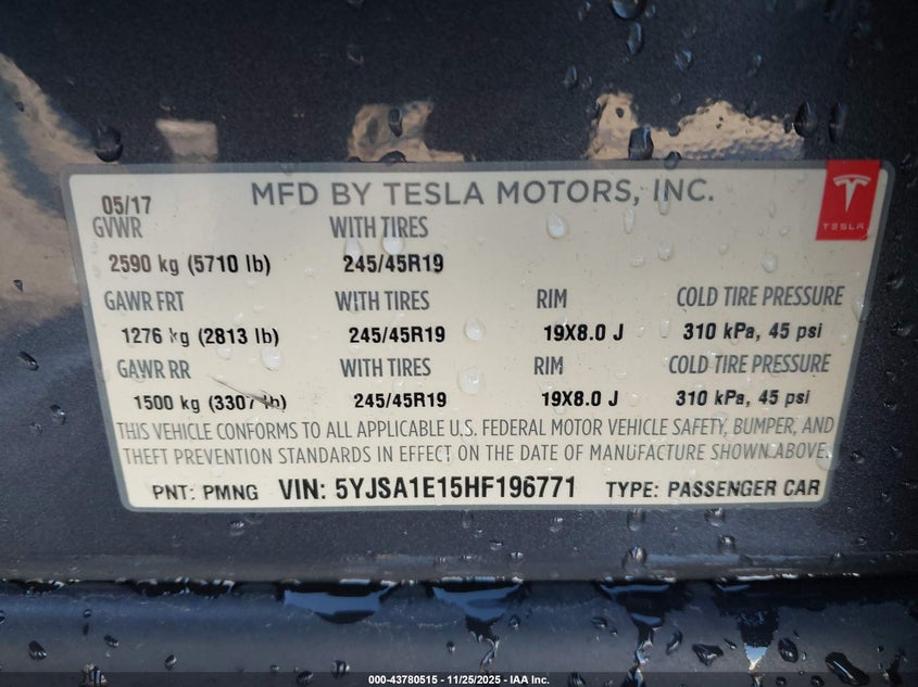 2017 Tesla Model S 60/75 VIN: 5YJSA1E15HF196771 Lot: 43780515