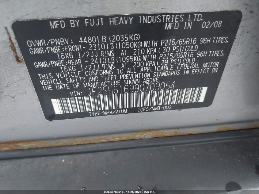 2009 Subaru Forester 2.5X VIN: JF2SH61699G709054 Lot: 43780516