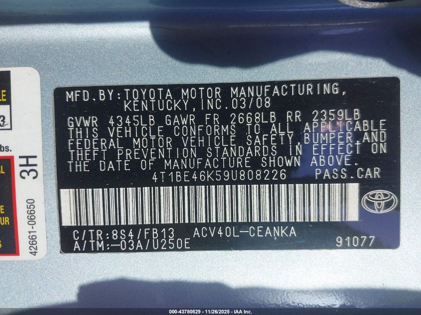 2009 Toyota Camry Le VIN: 4T1BE46K59U808226 Lot: 43780529