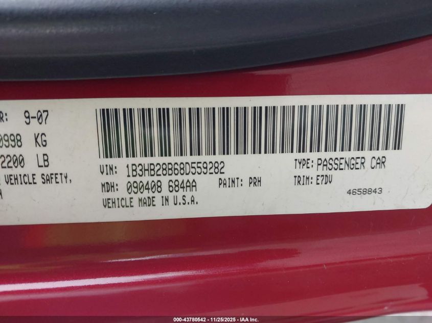 2008 Dodge Caliber Se VIN: 1B3HB28B68D559222 Lot: 43780542