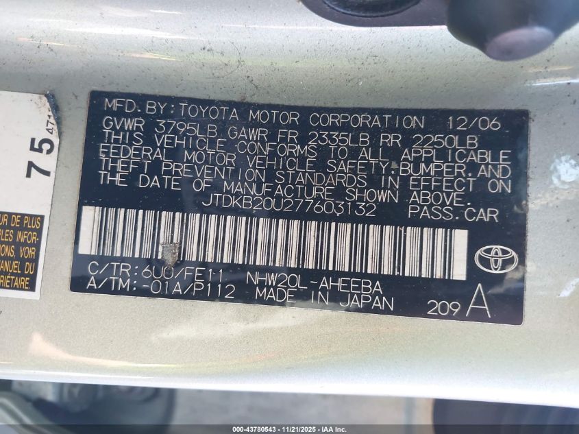 2007 Toyota Prius VIN: JTDKB20U277603132 Lot: 43780543