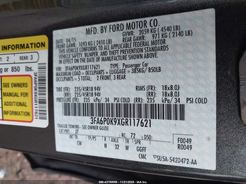 2016 Ford Fusion Titanium VIN: 3FA6P0K9XGR117621 Lot: 43780558