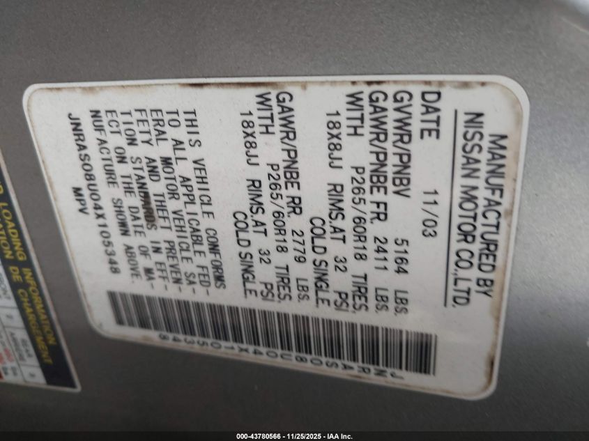 2004 Infiniti Fx35 VIN: JNRAS08U04X105348 Lot: 43780566