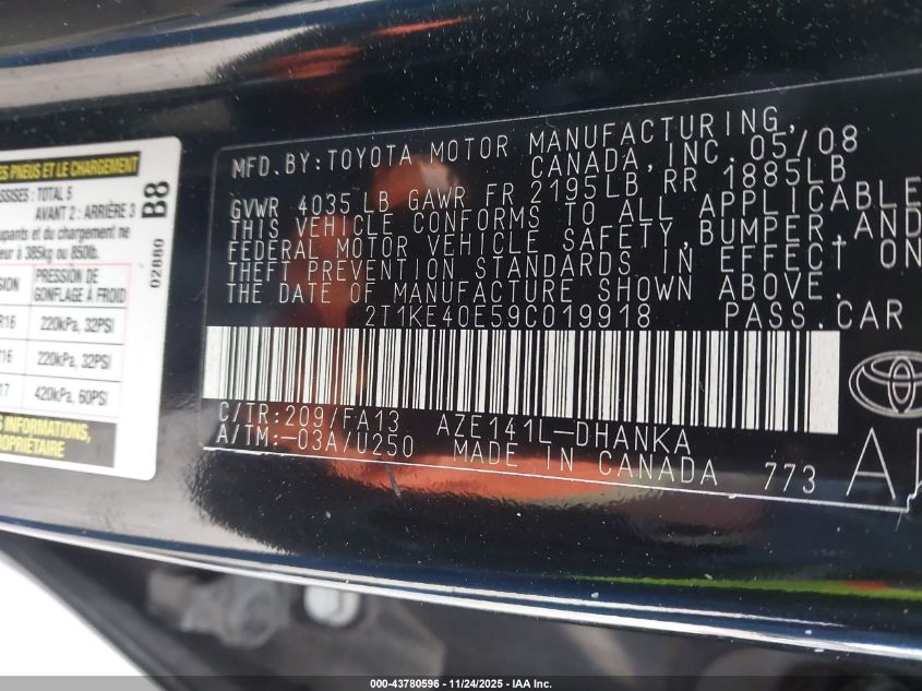 2009 Toyota Matrix S VIN: 2T1KE40E59C019918 Lot: 43780596