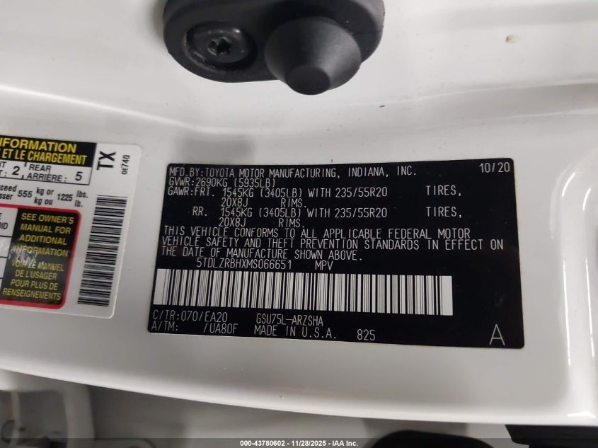 2021 Toyota Highlander Xse VIN: 5TDLZRBHXMS066651 Lot: 43780602