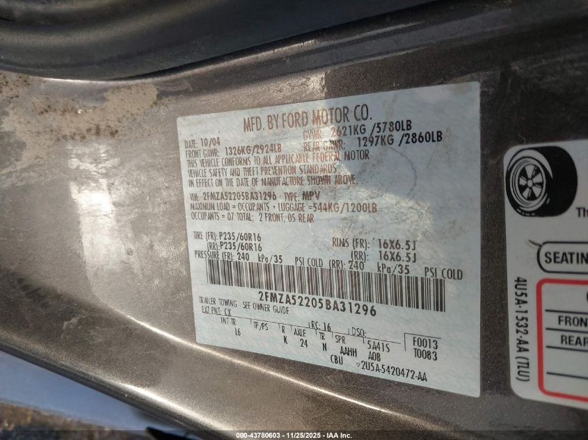 2005 Ford Freestar Sel VIN: 2FMZA52205BA31296 Lot: 43780603