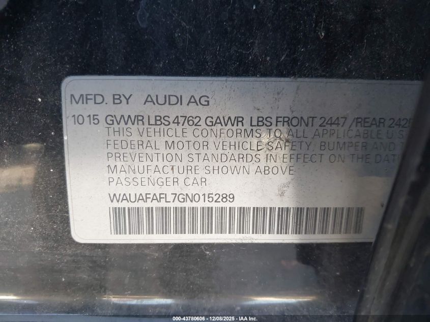 2016 Audi A4 2.0T Premium VIN: WAUAFAFL7GN015289 Lot: 43780606