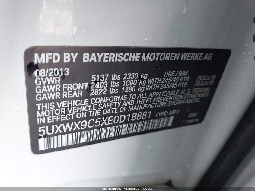 2014 BMW X3 xDrive28I VIN: 5UXWX9C5XE0D18881 Lot: 43780617