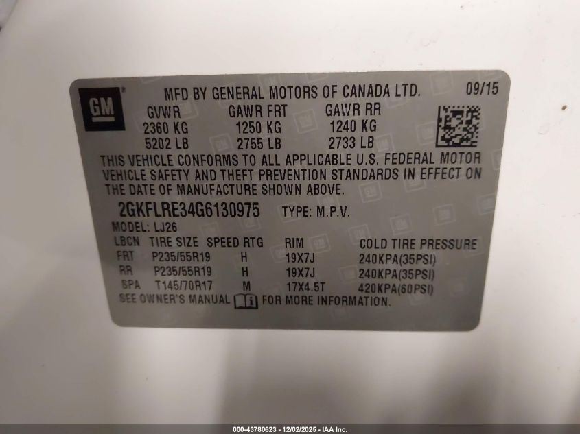 2016 GMC Terrain Denali VIN: 2GKFLRE34G6130975 Lot: 43780623