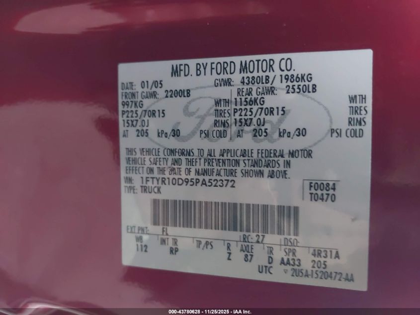 2005 Ford Ranger Xl/Xls/Xlt VIN: 1FTYR10D95PA52372 Lot: 43780628