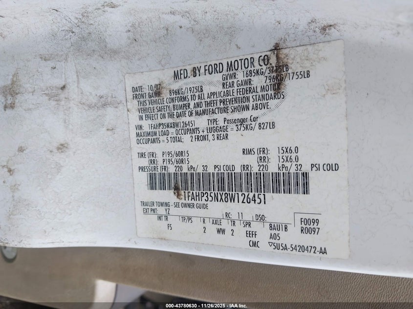 2008 Ford Focus Se/Ses VIN: 1FAHP35NX8W126451 Lot: 43780630