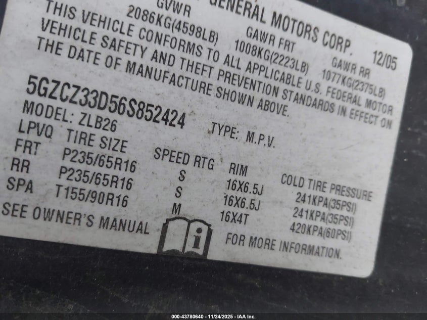 2006 Saturn Vue 4 Cyl VIN: 5GZCZ33D56S852424 Lot: 43780640
