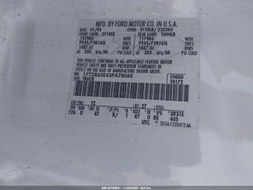 2003 Ford Ranger Edge/Xlt VIN: 1FTZR45E43PA78060 Lot: 43780641