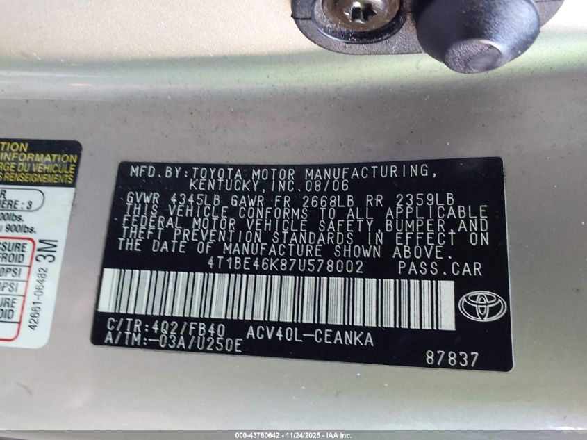2007 Toyota Camry Le VIN: 4T1BE46K87U578002 Lot: 43780642