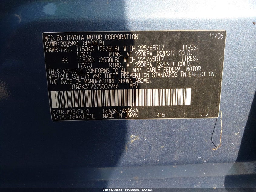 2007 Toyota Rav4 Limited V6 VIN: JTMZK31V275007946 Lot: 43780643