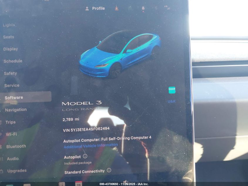 2025 Tesla Model 3 Long Range Rear-Wheel Drive/Standard VIN: 5YJ3E1EA4SF062494 Lot: 43780650