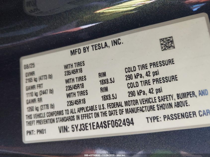 2025 Tesla Model 3 Long Range Rear-Wheel Drive/Standard VIN: 5YJ3E1EA4SF062494 Lot: 43780650