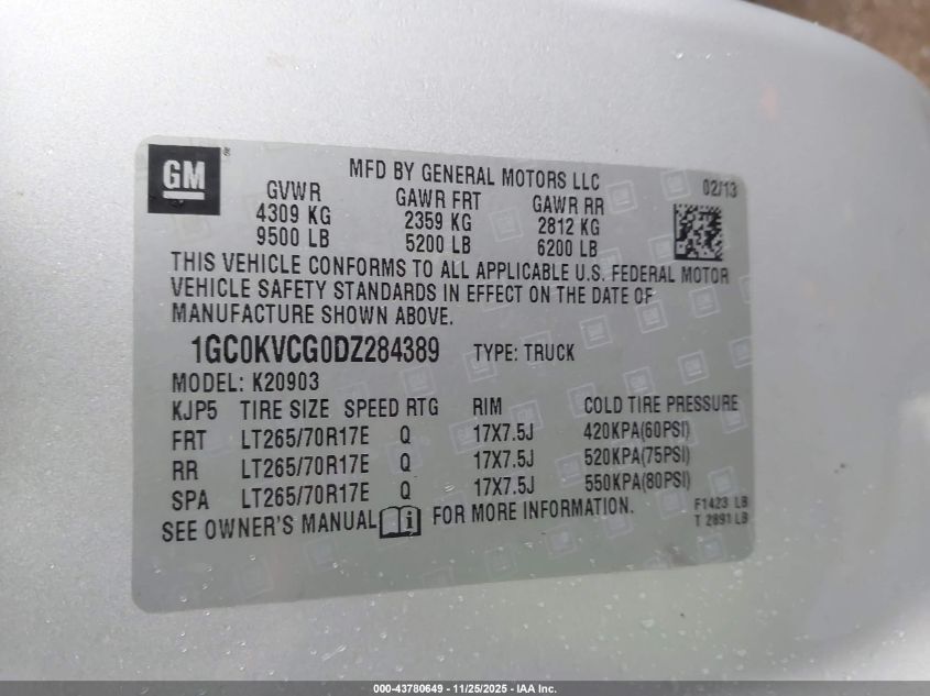 2013 Chevrolet Silverado 2500Hd Work Truck VIN: 1GC0KVCG0DZ284389 Lot: 43780649