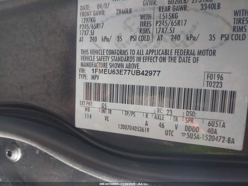 2007 Ford Explorer Xlt VIN: 1FMEU63E77UB42977 Lot: 43780653