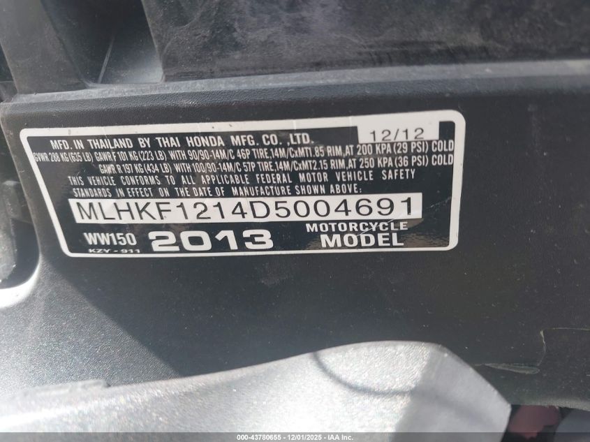 2013 Honda Pcx 150 VIN: MLHKF1214D5004691 Lot: 43780655