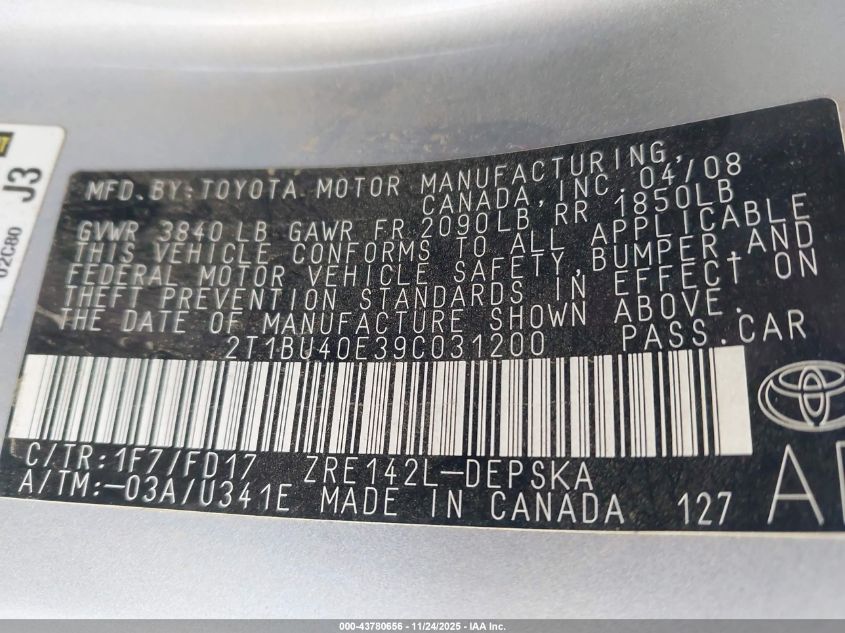 2009 Toyota Corolla S VIN: 2T1BU40E39C031200 Lot: 43780656