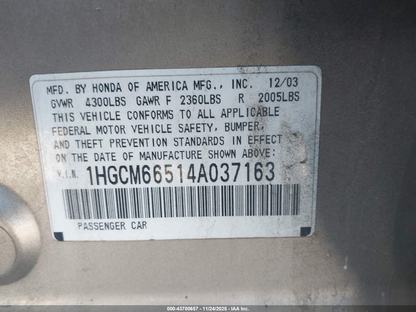 2004 Honda Accord 3.0 Ex VIN: 1HGCM66514A037163 Lot: 43780657