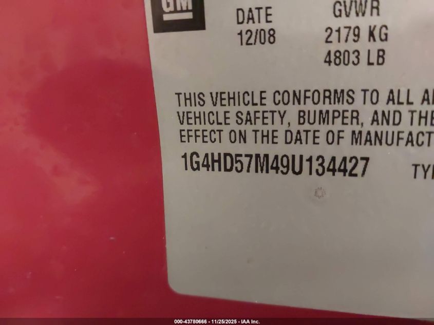 2009 Buick Lucerne Cxl-3 VIN: 1G4HD57M49U134427 Lot: 43780666