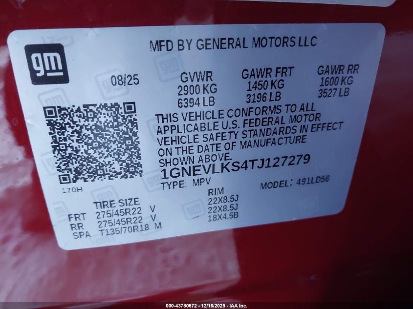 2026 Chevrolet Traverse Awd Rs VIN: 1GNEVLKS4TJ127279 Lot: 43780672