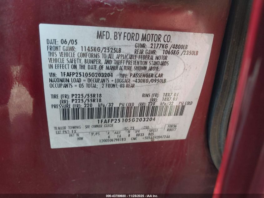 2005 Ford Five Hundred Limited VIN: 1FAFP25105G203204 Lot: 43780680