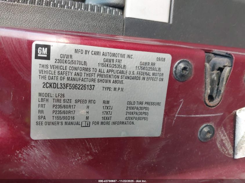 2009 Pontiac Torrent VIN: 2CKDL33F596226137 Lot: 43780687