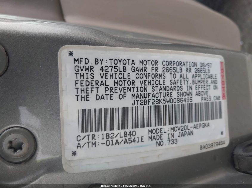 1998 Toyota Camry Xle V6 VIN: JT2BF28K5W0086495 Lot: 43780693