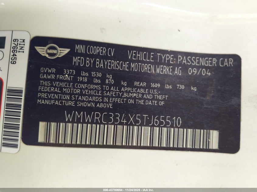 2005 Mini Cooper VIN: WMWRC334X5TJ65510 Lot: 43780694